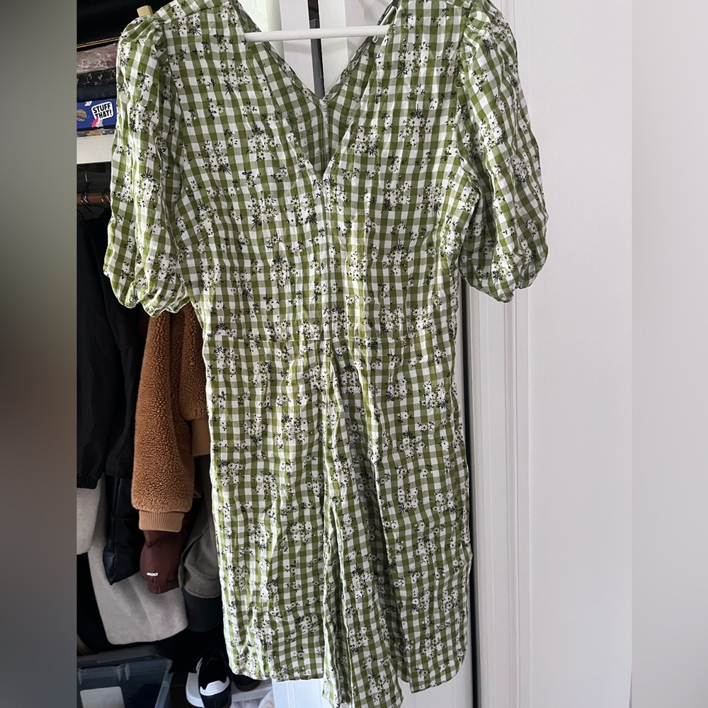 VILA CLOTHES green check and floral smock v neck mini dress Size 36